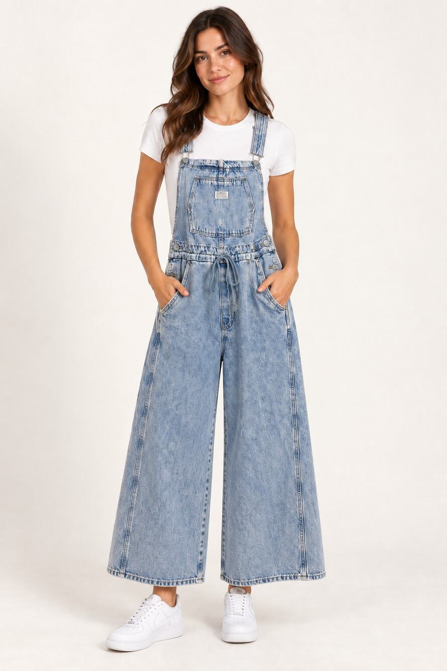 Levi's Apron Overalls Women's L Light Wash Wide Leg Drawstring 90s Carpenter